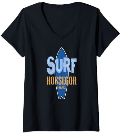 Damen Surf Hossegor, Surfen Hossegor in Frankreich, Surfboard T-Shirt mit V-Ausschnitt