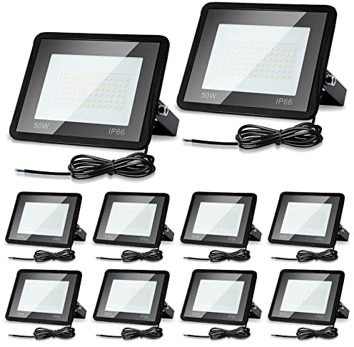 Cecaylie 10er 50W LED Strahler Außen, Fluter 6000K Kaltweiß 4250LM Scheinwerfer IP66 Wasserdicht Flutlicht Außenstrahler Außenleuchte für Werkstatt Garage Garten