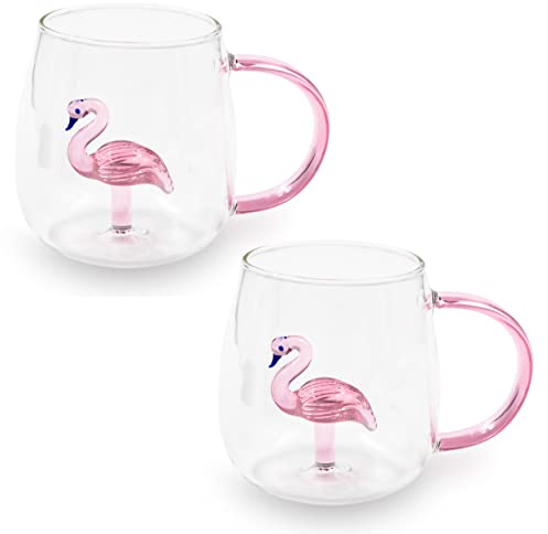 Blümelhuber 2er Set Flamingo Tasse Glas Tassen - Tee Tasse Büro - Cappuccino Tassen - Kaffee Glas Tasse Flamingo Figur