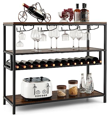 COSTWAY Wine Rack Table, 4/5-tier Freestanding Bar Cabinet with Bottles Display Shelves & Glass Holders, Industrial Storage Stand Drinks Sideboard for Kitchen Dinging Room (4 tier, 102x40x87cm)