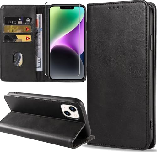ZYIMOU Handyhülle für iPhone 14 Hülle mit Schutzfolie, Leder Schutzhülle Standfunktion Kartenfach Wallet Klapphülle iPhone 14 Flip Case Cover, Schwarz
