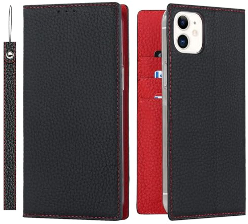 ELTEKER Hülle iPhone 12 Mini Handyhülle [Echtes Leder] Klapphülle mit Kartenfach,Schutzhülle Leder Hülle für iPhone 12 Mini-Schwarz