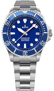 RATIO FreeDiver Sapphire Crystal Diver Watch Japanese Automatic Dive Watch 200m Water Resistant Diving Watch (Blue)