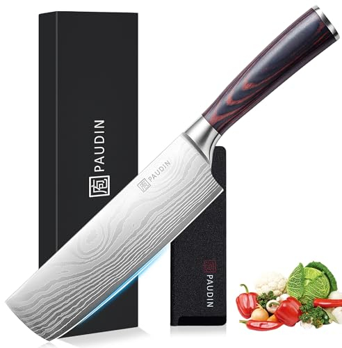 PAUDIN Nakiri Knife, 7 Inch Japanese High Carbon Stainless Steel Meat Vegetable Kitchen Knife, Multipurpose Ultra Sharp Chef Knife with Ergonomic Handle