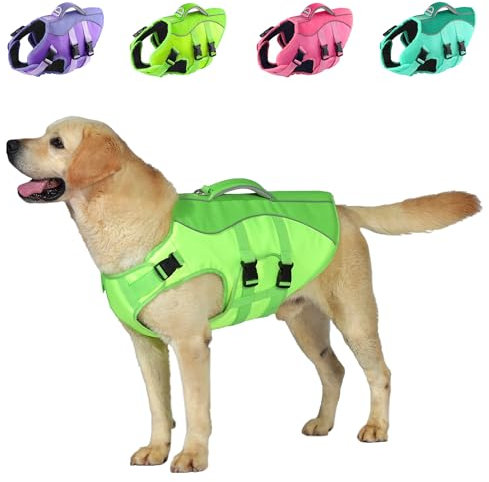 Petglad Hundeschwimmweste, reflektierendes Hundegeschirr, Schwimmweste mit Rettungsgriff zum Schwimmen, Bootfahren, verstellbare Schwimmweste mit hohem Auftrieb, Schwimmweste für kleine Meium, große
