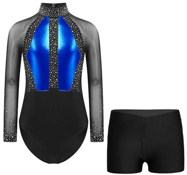 Hedmy Mädchen Gymnastikanzug Glänzende Turnanzug Kinder Langarm Trikot Gymnastik Shorts Set Sport Tanzoutfit Trainingsanzug Blau Schwarz 170