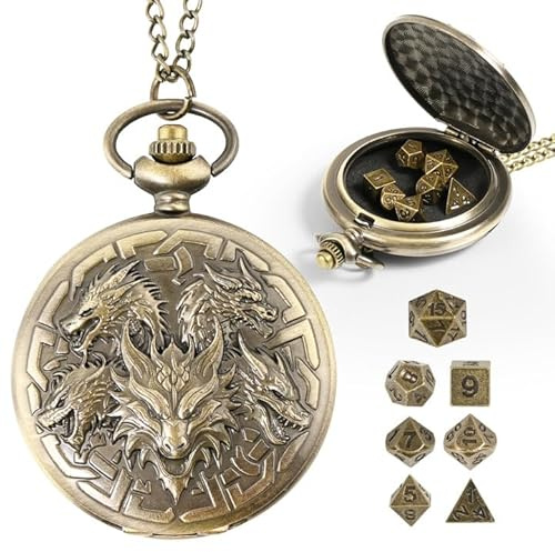 Banloga D&D Dice Set,7PCS Mini Dice with Pocket Watch Case （Dragon, Bronze）