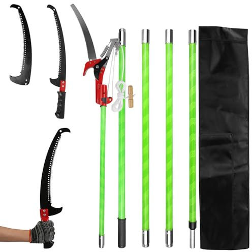 Manual Pole Saw, 8.2-15.1FT Extendable Tree Pruner, Pole Saws for Tree Trimming with 2 Double-hooked Saw Blades and Scissors High Branches Trimming, Goggles Gloves
