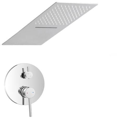 Set doccia da incasso in acciaio inox cromato con soffione a cascata 25x52 cm, installazione a parete con fissaggi inclusi, NUEGO