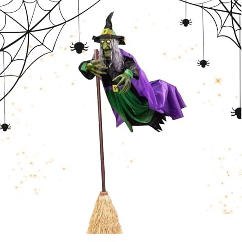 Schwimmende Hexe für Halloween, 1,8 m auf Besen, realistische Halloween-Hexe, Halloween-Dekoration, fliegende Hexe auf Besen, gruselige Dekoration der fliegenden Hexe, Anime-Besen