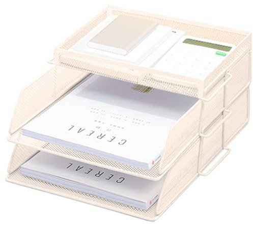 ZESLIV Schreibtisch Organizer mit Aktenhalter, 2-stufiger Briefablage mit Schublade und Obere Box, Mesh Schreibtisch Akten Organizer mit Zeitschriftenhalter für büro organizer, Beige