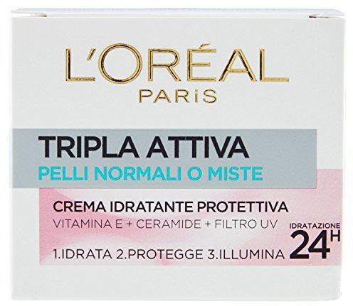 L'Oréal Paris Tripla Attiva Crema Viso Idratante Protettiva Giorno per Pelli Normali o Miste, 50 ml (Confezione da 3)