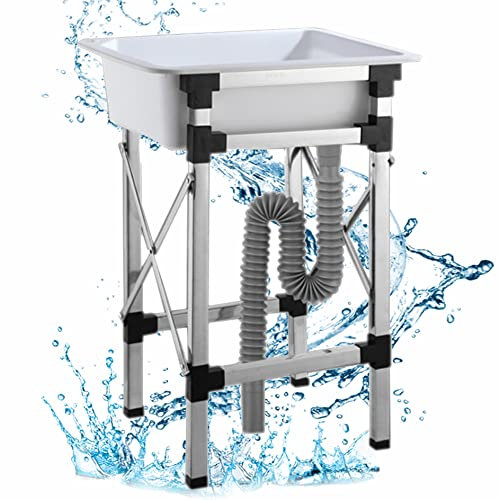 Utility Sink Laundry Tub Free Standing Plastic Washbasin Vegetable Pool Temporary Hand Basin with Stainless Steel Support Slop Sink for Indoor Outdoor Washing Room Commercial Restaurant Kitc