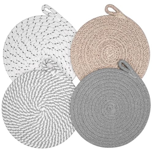 4 Stück Untersetzer Topf Baumwolle,19.5 cm Tischsets Platzsets Rund,Runde Geflochtene Untersetzer,Topfuntersetzer Hitzebeständig,Isolierte Untersetzer aus Baumwolle für Töpfe,Pfannen,Teller,Tassen