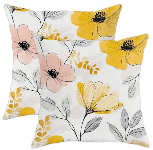 Set di 2 federe per cuscini floreali gialli e fiori di pesco, decorazione primaverile, quadrate, per casa, divano, letto, 50 x 50 cm