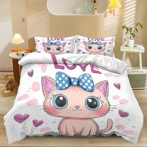Fibra Superfine Copripiumini Stile Cartone Animato Gatto Rosa Cuore Fiocco Prevenire L'Allergia Con Cerniera Morbido E Confortevole Copripiumino 220x230cm Stampa 3D Set Copripiumino Con Due Federa