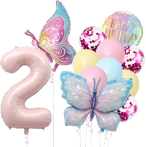 DazzJoy Schmetterling Luftballon Deko 2. Geburtstag Mädchen, Ballon 2 Geburtstag Mädchen Deko, Geburtstagsdeko 2 Jahre Mädchen mit Schmetterlinge Folienballon, Luftballons Zahlen 2 Jahre Rosa