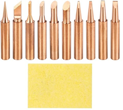 sourcing map 1 Set 900M Soldering Iron Tips Copper Non-Magnetic Welding Head with Cleaning Sponge Pad Replacement for Solder Station Tip (I+K+2C+3C+4C+5C+1.2D+1.6D+2.4D+3.2D)