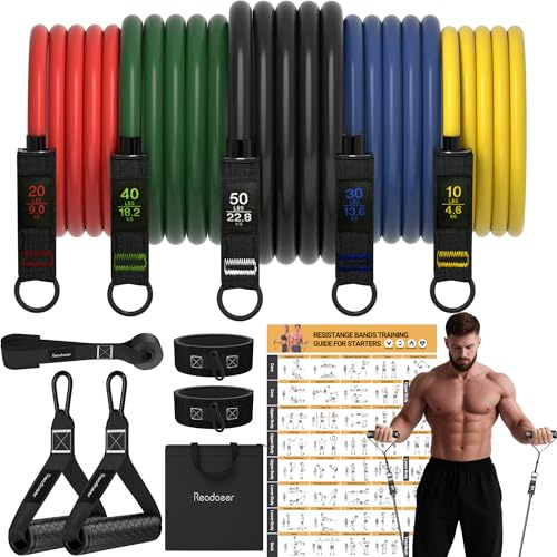 Readaeer Kit Fasce Elastiche Fitness Professionali, Set 5 Bande di Resistenza (Fino a 68kg) in Lattice Naturale, Elastici Palestra con Maniglie, Ancora Porta e Cavigliere per Allenamento a Casa