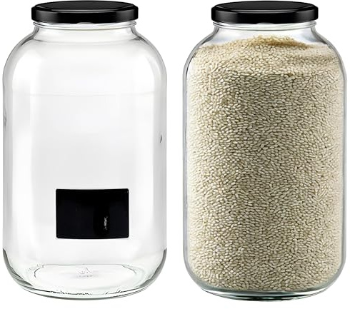 mikken 2 XXL Einmachgläser 4250ml mit Deckel schwarz, Vorratsglas Glasdose inkl. Beschriftungsetiketten (2)