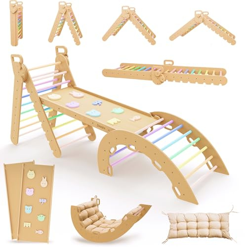 Duanico® 9in1 Montessori triangolo grande da 1 a 7+ anni – 5 angoli regolabili – set di palestra in legno con arco Montessori e rampa per l'arrampicata per bambini da esterno ed interno