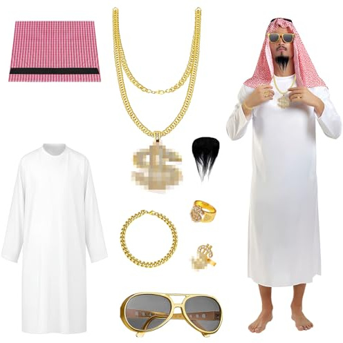 Coffee Life Plus Araber Kostüm Herren Set,sheikh costume, Kostüm arabischer Scheich,Arabisches Gewand mit Kopftuch,Sonnenbrille, Halskette Ringe,Fasching Karneval für Cosplay Party
