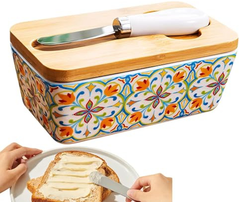 Mantequillera de densidad multifuncional, material de cerámica, 350 ml, con tapa de madera y cuchillo de mantequilla, ideal para la familia y la cocina, para mesa de desayuno, buffet, eventos al aire