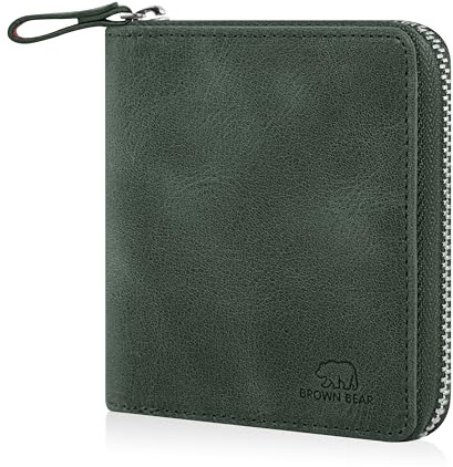 BROWN BEAR Geldbörse Leder klein Reißverschluss mit Münzfach - BB Max GN | Echtleder Olive Grün Vintage RFID-Schutz Mini Portemonnaie für Damen & Herren BB Design Geldbeutel Zip umlaufend