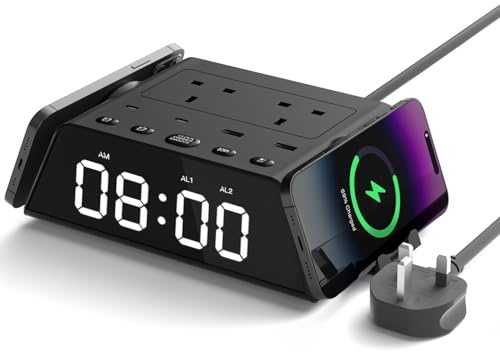 ELMWAY Twin 15W Wireless Chargers Power Station, Large LED Clock with 2 Alarms, 2 UK Sockets, 2 USB-C and 2 USB-A (20W PD Fast Charge), Bedside and Office Charging Hub, 2m Cable - Black