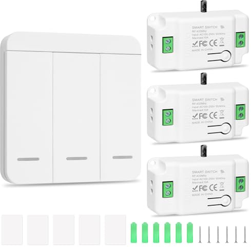 Funkschalter 230V Set 10A, Kabelloser Funk Lichtschalter mit Empfänger, Keine Verkabelung, 433MHz Wireless Schalter für Lampen in Wohnzimmer, Küche, Bad & Keller(1 Dreifachschalter und 3 Empfänger)