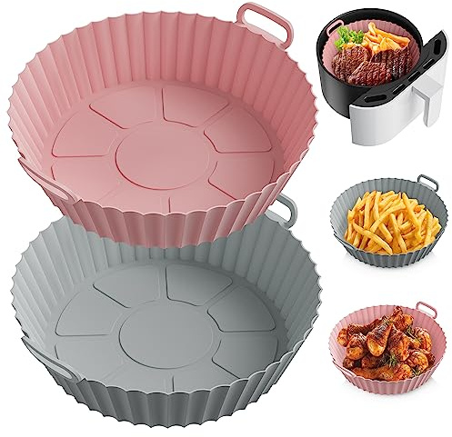STLIAN Air Fryer Silicone Liners for 4 to 7 QT [2 Pack] Reusable Air Fryer Basket with Handles & Holes Rose Pink + Light Grey