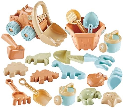 Kinder-Strandspielzeug-Set – 19-teiliges Sandspielset Mit Schaufel, Bulldozer, Dinosauriern Und Sanduhr | Outdoor-Reisegeschenk Für Und Mädchen Im Alter Von 3–6 Jahren, Inklusive Eimer-Gießkann