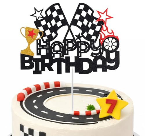 Paillettes Voiture Course Happy Birthday Topper Gâteau, Drapeau à Damier & Roue Trophée Décorations Gâteau pour Garçons Filles Fournitures Fête d'Anniversaire sur Thème Course Baby Shower