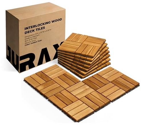 Premium Patio Deck Tiles, 10 PCs 12”x12” Snap Together Wood Flooring for Outdoor, Balcony, Porch, Poolside, Waterproof All Weather, Golden Teak