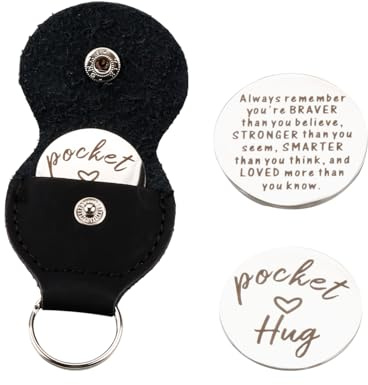 Hopzab Pocket Hug Token Gift, Long Distance Relationship Keepsake,Little Pockets Hug Coin, Stainless Steel Double Sided with PU Leather Keychain, for Family, Friends, Lovers