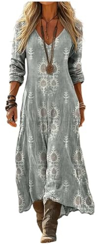 Vestido Largo Mujer Verano Lino Algodón Cuello V Manga 3/4 Estilo Boho Hippie Vintage Estampado Étnico Geométrico Vestidos Playeros Sueltos Casual Tallas Grandes Elegante Fiesta Noche