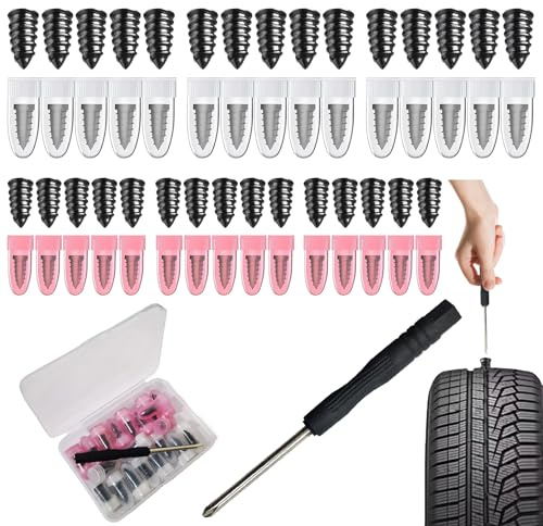 60Pcs Tyre Repair Kit, Car Puncture Repair Kit with Screwdriver, Self-Service Rubber Nails Tool, Universal Tire Repair Fast Repair Nail, Car Puncture Repair Kit for Auto Car Motorcycle (30S+30L)