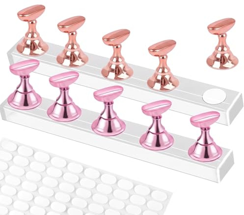 SWYZOR 2 pcs Ensembles Support Magnétique pour Ongles Capsules avec Base Acrylique et 200 Autocollants, Présentoir Faux Ongles pour Pratique Nail Art et Press on Nails(Rose Gold,Rose)