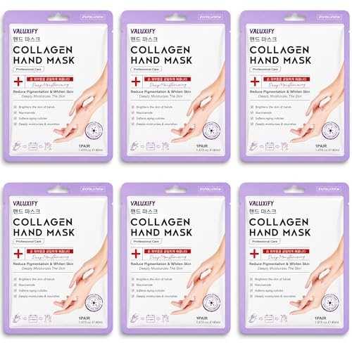 6 Moisturising Hand Mask Gloves with Collagen, Hydrating, Soothing, Sheet Form, for Dry and Cracked Hands, Spa Hand Gloves Moisturiser Treatment (6x Collagen)