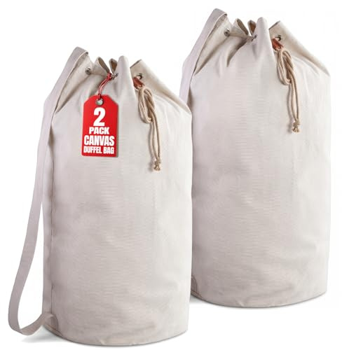 Handy Laundry Canvas Duffel Bag - Drawstring, Leather Closure, Shoulder Strap. (2-PACK)