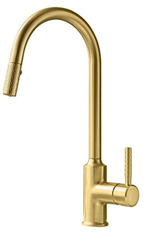 TURS Brushed Gold Kitchen Faucet Brass Kitchen Faucets with Pull Down Sprayer, Single Handle High Arc Copper Kitchen Tap,FK002LG