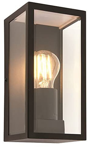 National Lighting Outdoor Wall Light - Matt Black Stainless Steel Boxed Lantern with Glass Panels - IP44 Rated Outside Light - Compatible with 28W 240V E27 Eco GLS or LED E27 (Not Included)