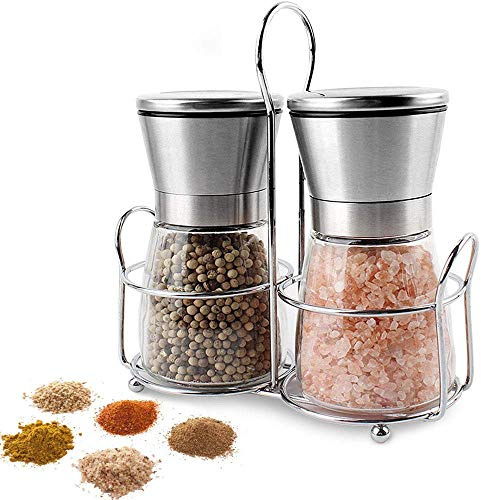 Premium Stainless Steel Pepper and Salt Grinder Set of 2 with Stand Glass Grinder Adjustable Coarseness Rotor Refillable - Top Salt and Pepper Shakers