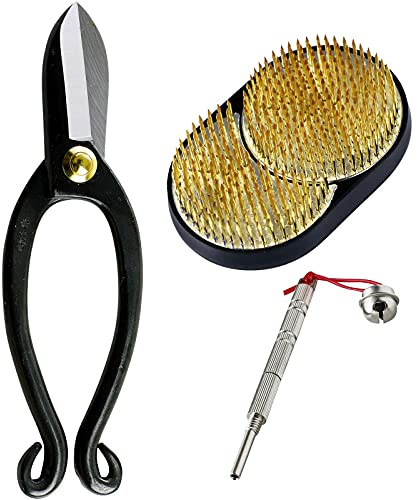 Wazakura 3PCS Japanese Ikebana Essential Tool Set MADE IN JAPAN, Floral Arrangement Kit [ Ikenobo Scissors + Sun and Moon Kenzan Flower Pin Holder + Kenzan Care Tool ]