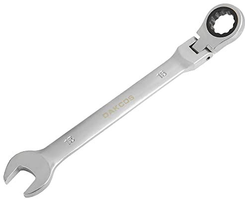 DAKCOS Kombi-Ratschenschlüssel 15mm - Metrischer Ratschenringmaulschlüssel mit Gelenk aus CR-V mit mattierter Chromoberfläche