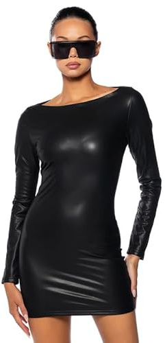BODYWEAR LTD Vestido corto de piel sintética para mujer con aspecto mojado y manga larga, Negro, S-M corto