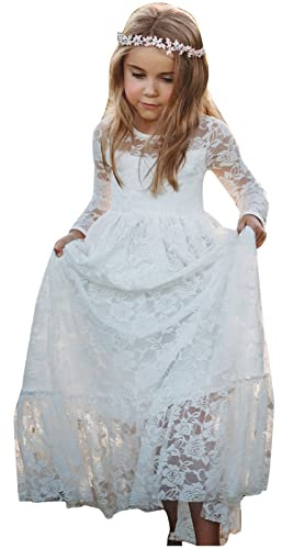 Kinder Boho Spitzenkleid Prinzessinnenkleid mit Binde Gürtel Mädchen Chic A-Linie Lang Blumenmädchenkleider Brautjungfernkleid (Weiß1, 140)