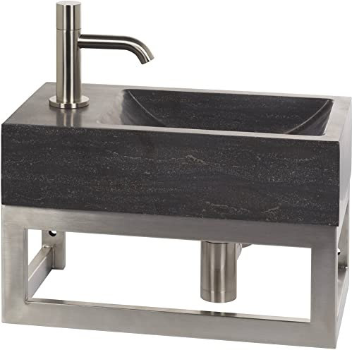 Ben Venetia Brunnen-Set mit Armatur in Edelstahloptik und Handtuchhalter Links aus Naturstein - Waschbecken für Unterschrank, Waschtisch für Gäste WC