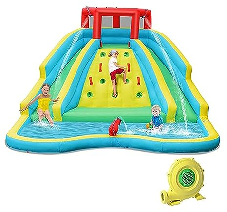 GOPLUS Aufblasbare Hüpfburg, Wasserpark mit Großer Kletterwand, 2 Langen Rutschen, Planschbecken & Wasserkanone, Wasserspielcenter für 3-8 Jahre Kinder, 452x365x233 cm (Symmetrie, Mit Gebläse)