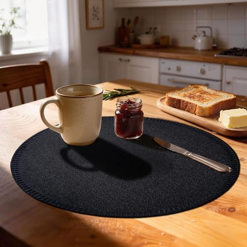 Rinpon Runde Tischsets 8er Set, rustikaler Leinenstoff, maschinenwaschbar, hitzebeständig, faltenfrei, dickes Polyester, Platzsets für Esstisch (Schwarz)